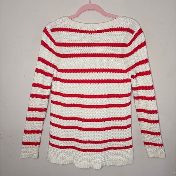 TALBOTS Coral & Beige Striped Cable Knit Crewneck Sweater, Medium Petite - Picture 5 of 10